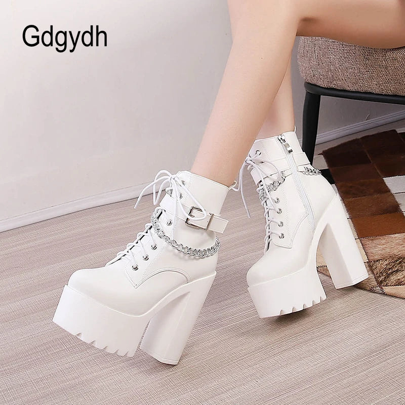 Gdgydh Gothic Buckle Strap Ankle Boots Women Faux Leather Platform Block Chunky Heels Chain Ultra High Heels Motorcycle Boots