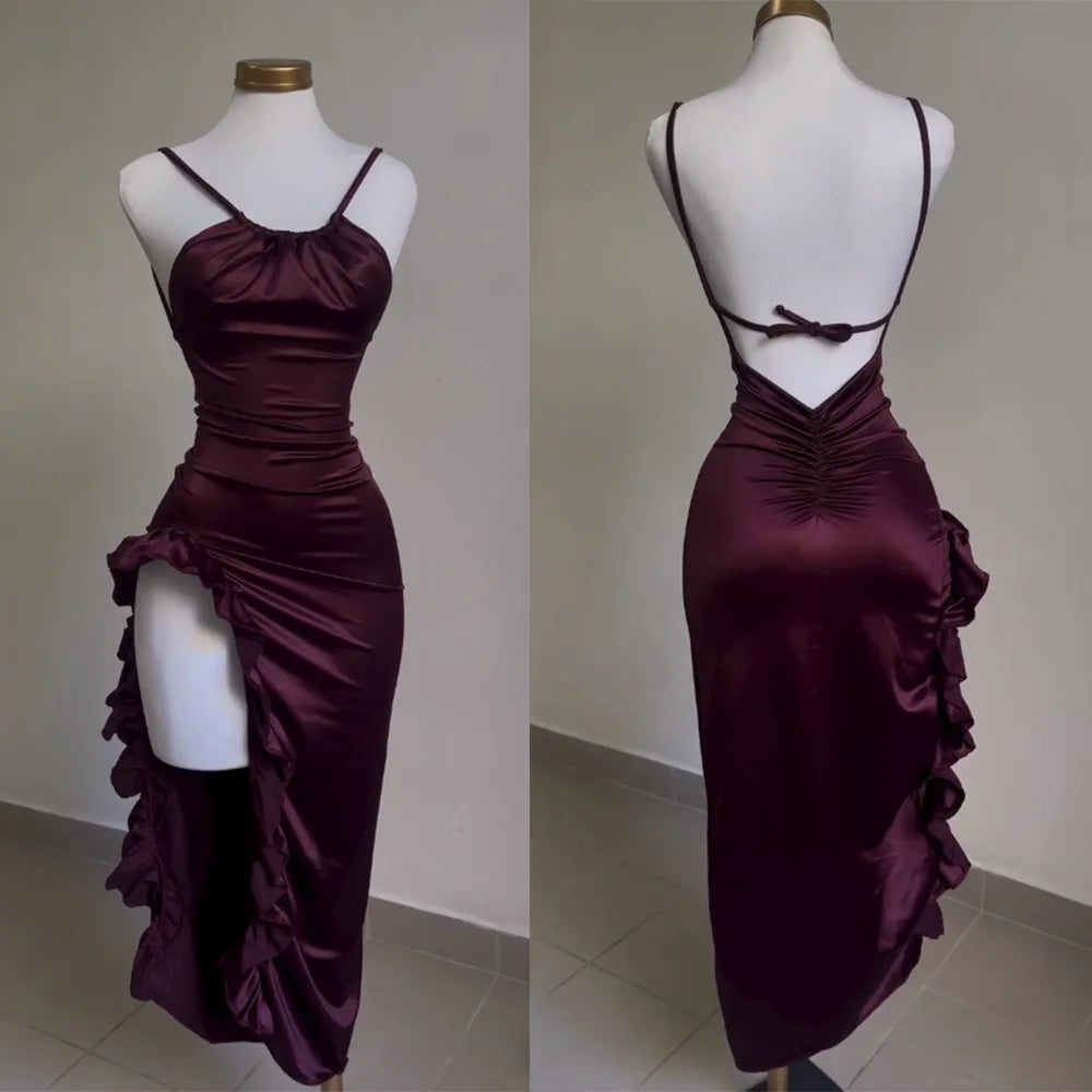 Sexy Satin Bodycon Long Dress Women Vintage Backless Strapless Ruffles Fork Party Club Elegant Evening Dresses Female Vestidos