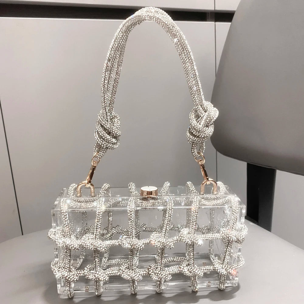 Handle Rhinestones Evening bag silver Crystal handmade Bags for Women Purses and Handbags Luxury Designer banquet bag