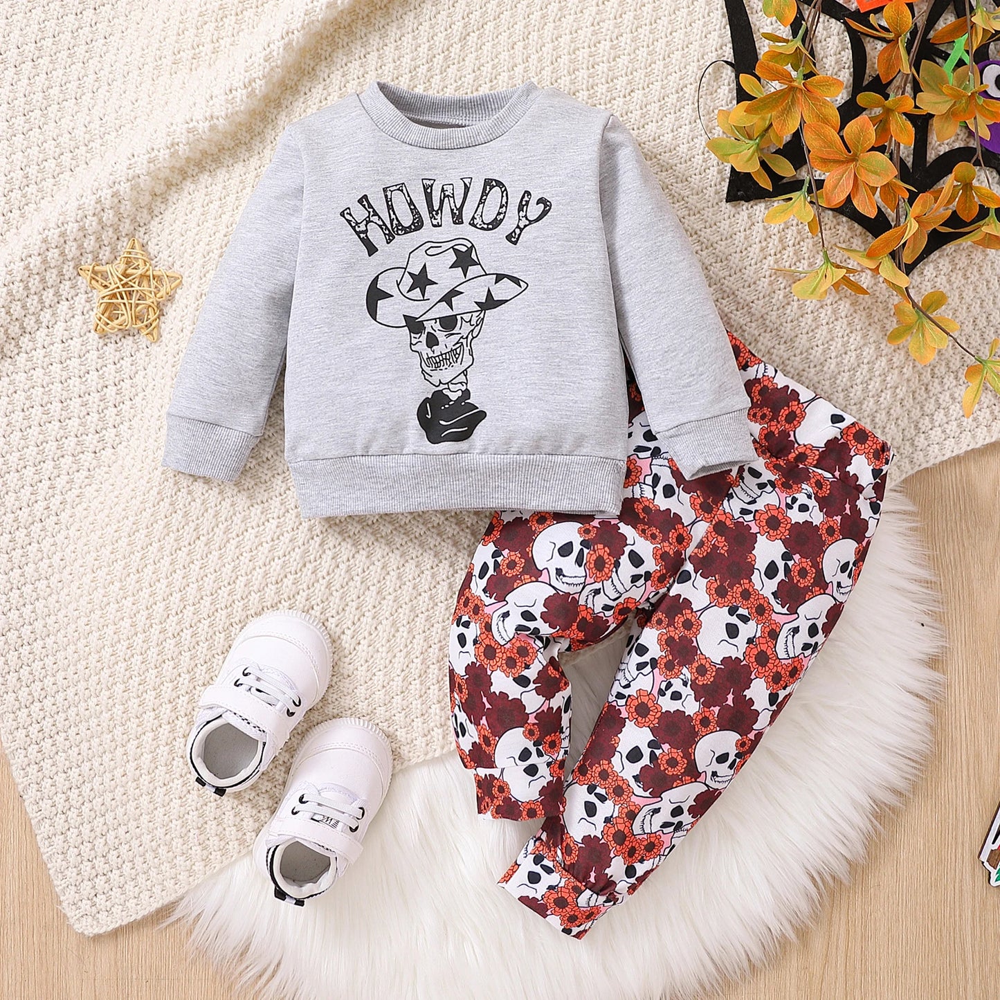 2pcs 2 Piece Set Newborn Baby Outfits Halloween O-Neck Long Sleeved Skull Letter ’Howday‘ Print Top+Flower Skull Print Pants