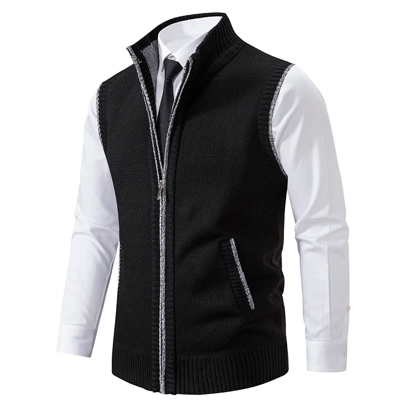 Autumn Winter Knit Vests Men Stand Collar Solid Color Knitted Sleeveless Sweatercoat Man Zipper Vest Cardigan Knitting Waistcoat