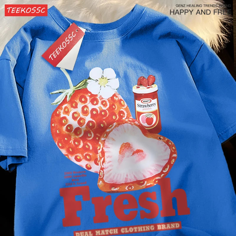 Fresh Strawberry American Retro Creative Printed Short Sleeved T-shirt Men Women Trendy Brand Loose Versatile Half Sleeved Shirt