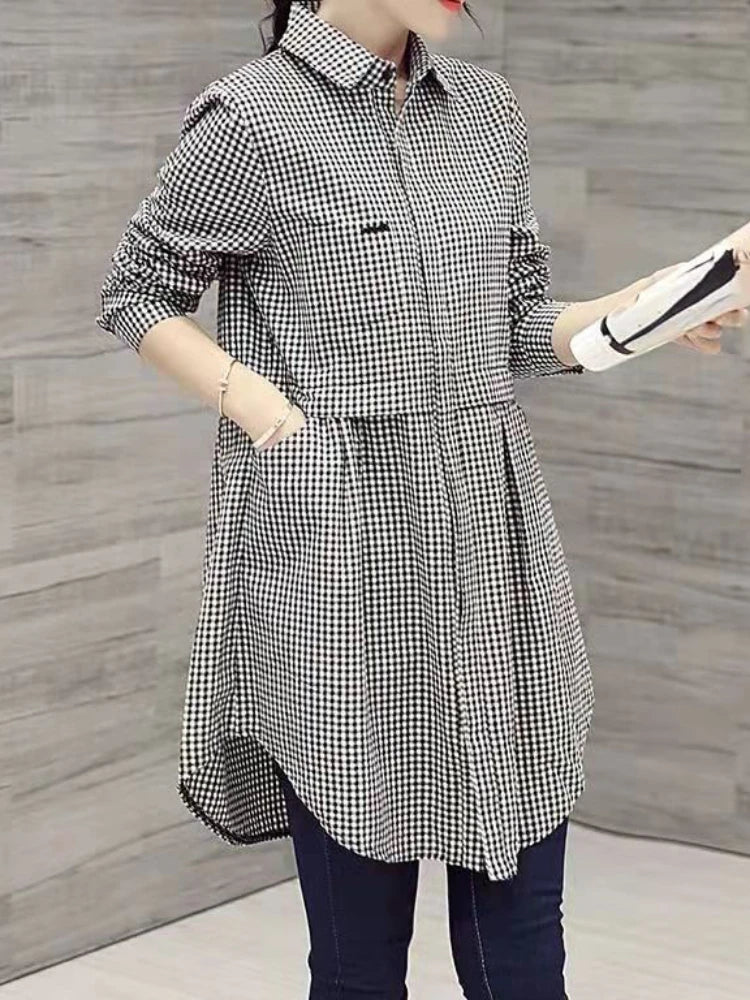 Plus Size New Korean Fashion Blouses Plaid Button Solid Midi Autumn Shirt Female All-match Loose Long Sleeve Polo-Neck Blouse