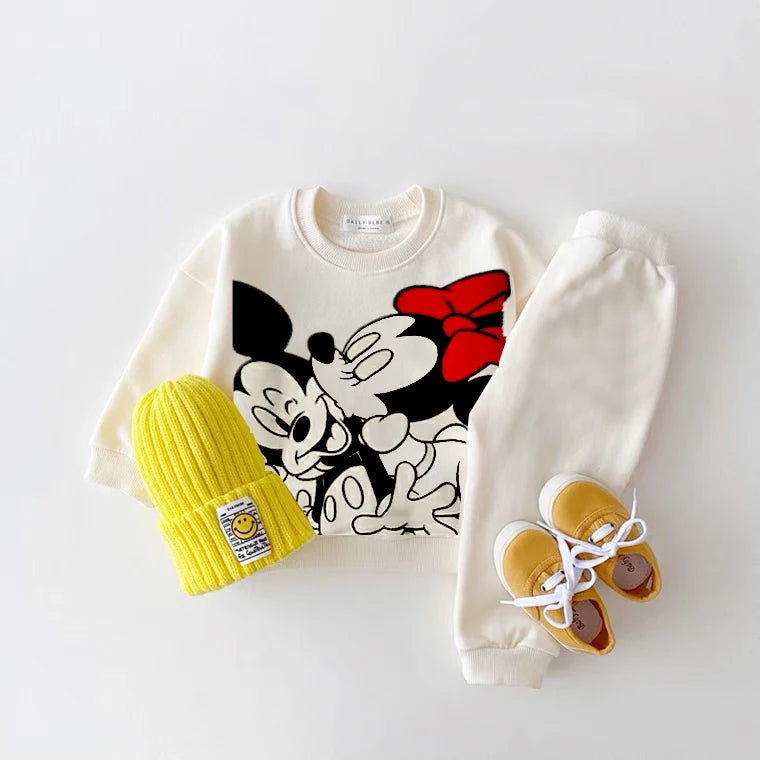 Mickey Mouse Printed Sweatshirts Sets Child New Style O-neck Hoodies +Trousers Baby Boys Casual Fashion Cartoon Gray Tracksuits