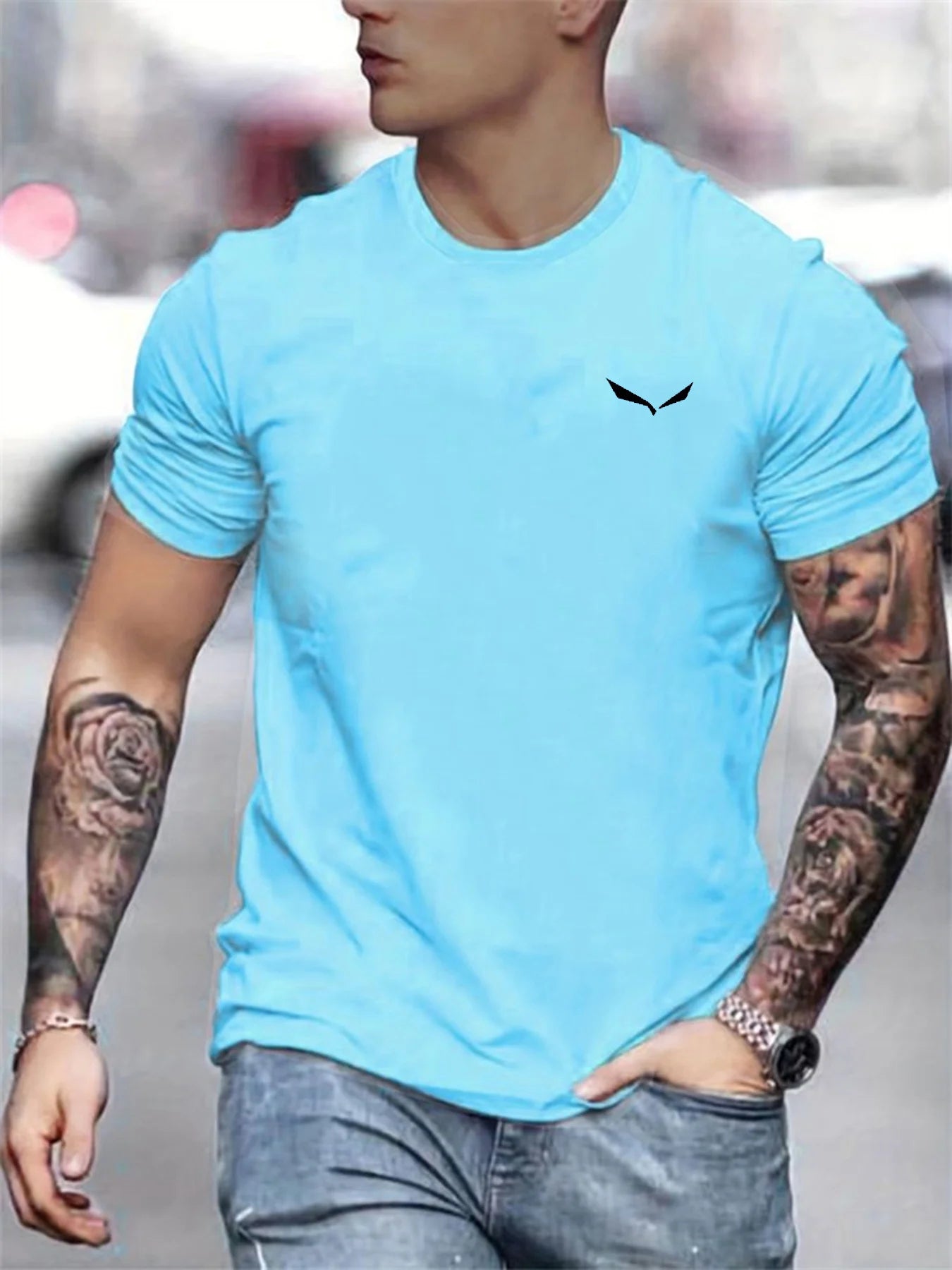 Men's Summer Loose Size 100% Cotton Bird Print Slim Fit Casual Round Neck Short Sleeve T-shirt Top