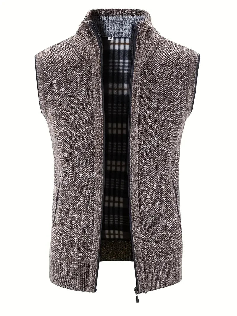 Man Winter Sweater Solid Color Vest Leisure And Comfortable Warm Zippered Stand Up Collar Sleeveless Vest