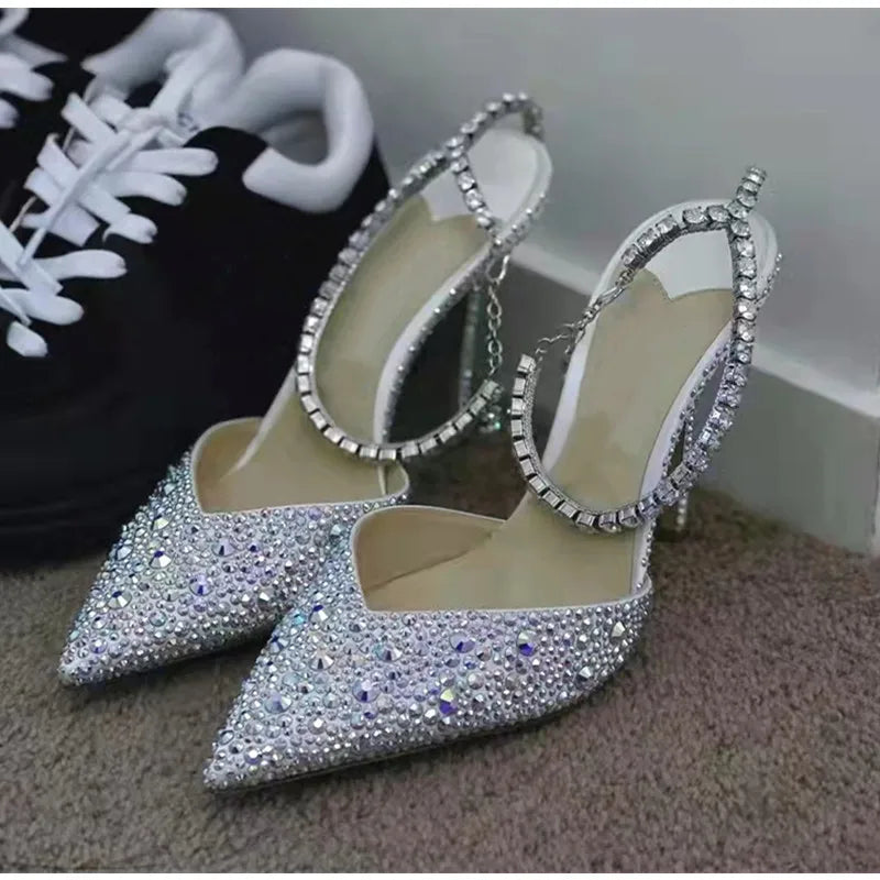 Luxury Rhinestones Sequined Ankle Strap Women Pumps Elegant Stiletto High heels Spring Summer Fashion Crystal Wedding Prom Shoes