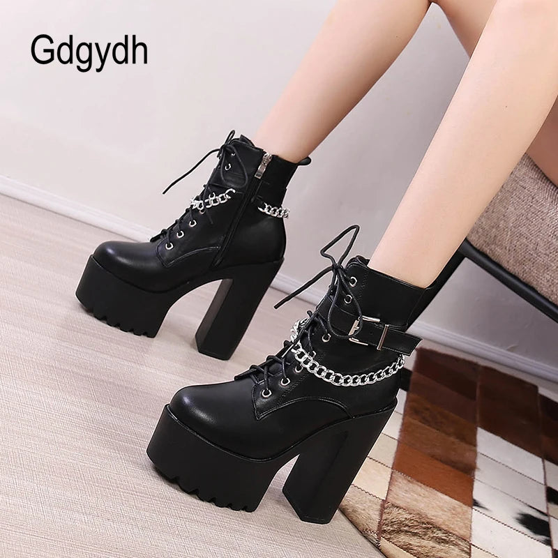 Gdgydh Gothic Buckle Strap Ankle Boots Women Faux Leather Platform Block Chunky Heels Chain Ultra High Heels Motorcycle Boots